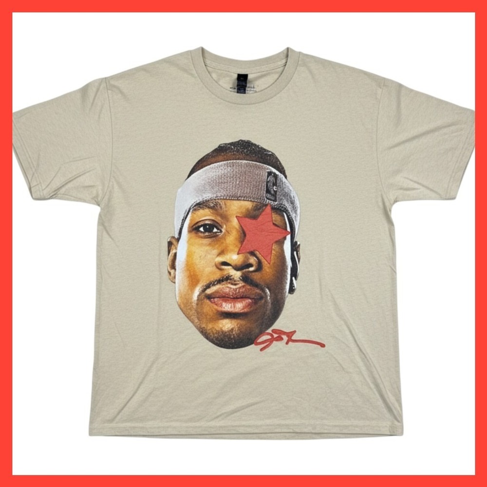Gildan Allen Iverson Graphic T-Shirt Tan Sand Basketball NBA Star Print Size M